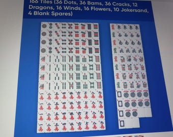 Vollständiger Satz von 160 amerikanischen Mahjong-Steinen mit Tragetasche, Spielanleitung, Würfeln, Wetttoken und gratis Erkennungsmarke.