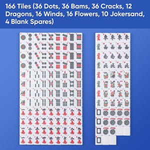 May include: A set of 166 Mahjong tiles arranged in two rectangular grids. The tiles feature various red, green, and black symbols, including dots, bams, cracks, dragons, winds, flowers, and jokers. The text 166 Tiles (36 Dots, 36 Bams, 36 Cracks, 12 Dragons, 16 Winds, 16 Flowers, 10 Jokersand, 4 Blank Spares) is displayed at the top.