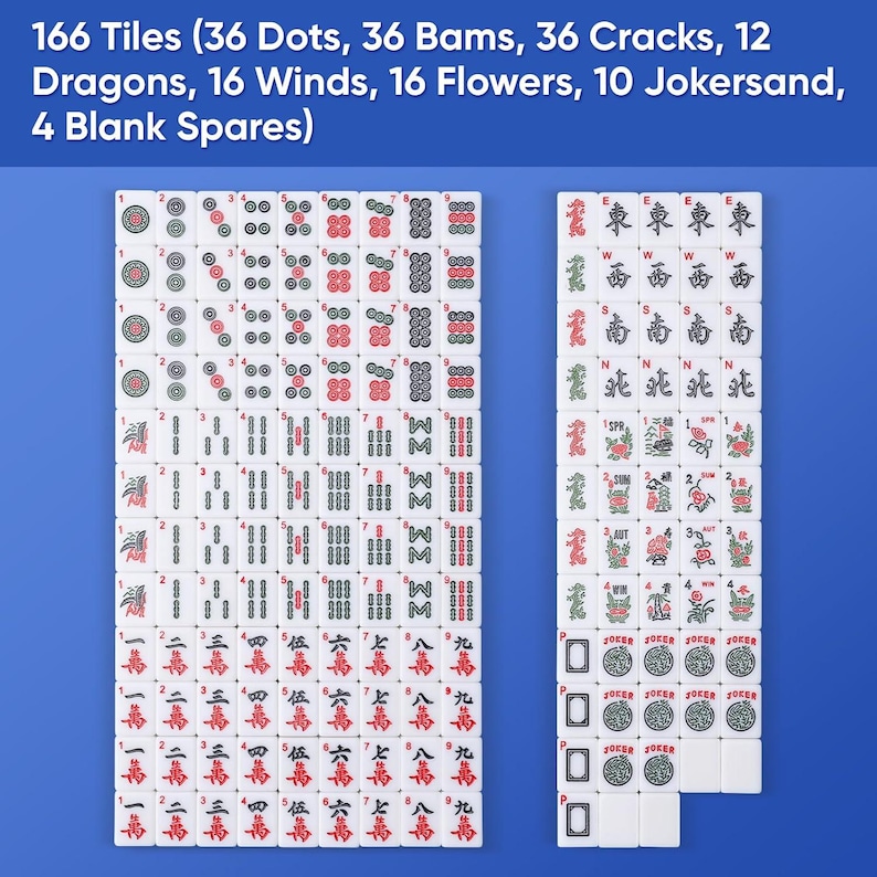 May include: A set of 166 Mahjong tiles arranged in two rectangular grids. The tiles feature various red, green, and black symbols, including dots, bams, cracks, dragons, winds, flowers, and jokers. The text 166 Tiles (36 Dots, 36 Bams, 36 Cracks, 12 Dragons, 16 Winds, 16 Flowers, 10 Jokersand, 4 Blank Spares) is displayed at the top.
