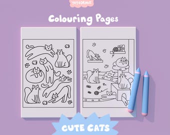 Dibujos de gatos para colorear - Dibujos a mano para imprimir (Descarga instantánea)