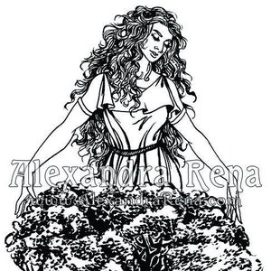 May include: Black and white line art illustration of a woman with long flowing hair standing in front of a grove of trees. The woman is wearing a long dress and has her arms outstretched. The text "Alexandra Rena" is visible at the bottom of the image.