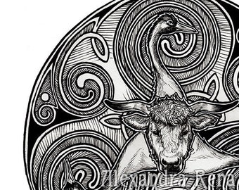 Tarvos Trigaranus - Celtic Sacred Bull & Cranes Triskele Art Print