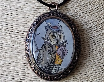 Owls in Wonderland Mad Hatter Pendant Necklace