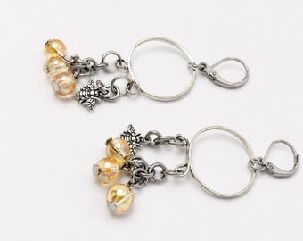Champagne Colored Beads Hoops with Bee Charms