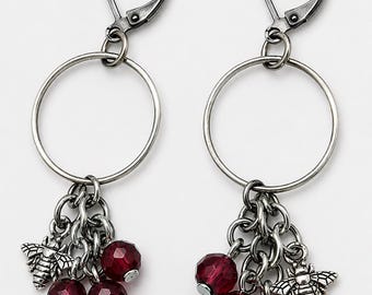Deep Red Faceted Glass Rondell Earrings with Bee Charms