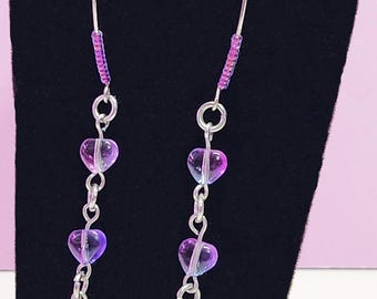 Purple Heart Dangle Earrings: Pressed Glass, Stainless Steel