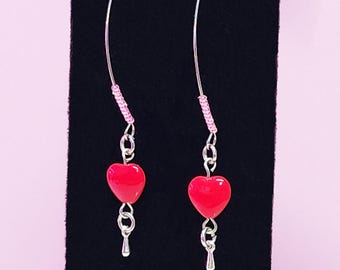 Red Glass Heart Earrings: Stainless Steel Marquis Style