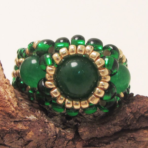 Bead Woven Ring, Dyed Green Jade Gemstone, Beaded, Boho size 9.5 - 10 Emerald Green, Gold, Free Shipping