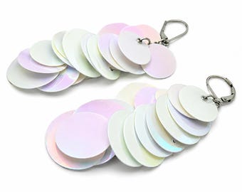 White AB Round Sequin Dangle Earrings