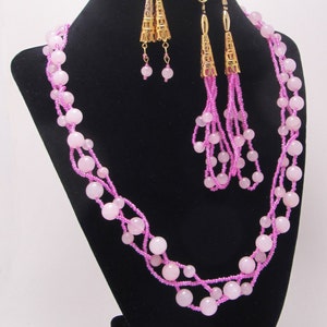 Pink Jade Braid, Jewelry Set, Gold, Seed Beads, Long Earrings, Bracelet, Matching Gift Set image 3