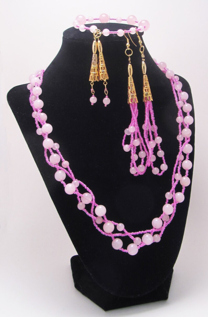 Pink Jade Braid Jewelry Set Gold Seed Beads Long Earrings Etsy