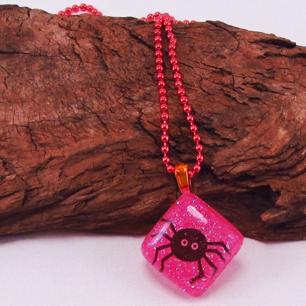 Square Spider Pendant, Hot Pink, Hot Pink Glitter, Anodized Red Ball Chain, Resin Pendant, Free Shipping to a US Location