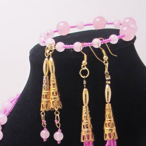 Pink Jade Braid, Jewelry Set, Gold, Seed Beads, Long Earrings, Bracelet, Matching Gift Set image 4