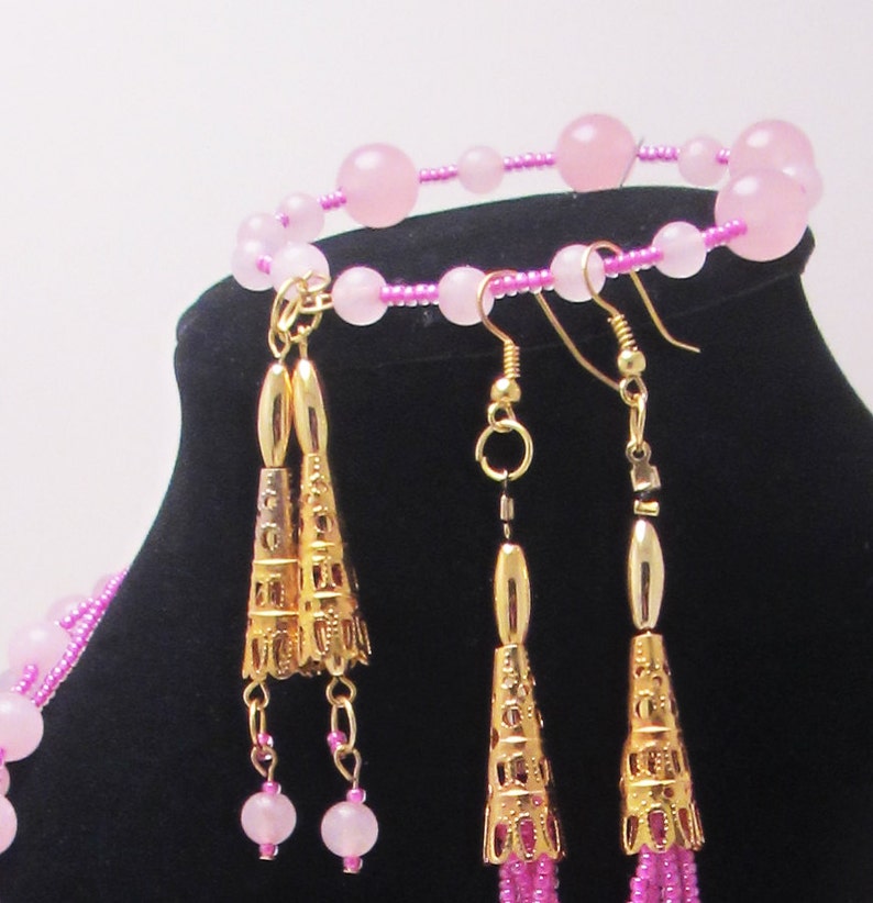 Pink Jade Braid, Jewelry Set, Gold, Seed Beads, Long Earrings, Bracelet, Matching Gift Set image 4