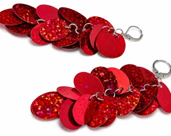 Red Holographic Oval Sequin Dangle Earrings