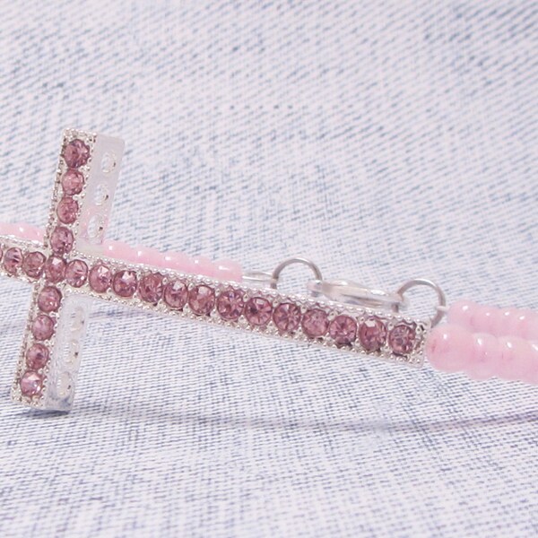 Pink Rhinestone Sideways Cross, Pink Pony Beads, Country Western, Hollywood, Horizontal Cross, Christian