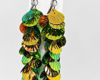 Long Color Shift Lightweight Clam Shell Earrings Dark Gold Green