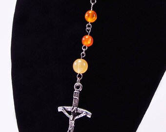 Rosary, Orange Cats Eye, Fiber Optics Beads, Acrylic, Religious, Spiritual, Silver Tone Metal, Catholic, Prayer, Necklace