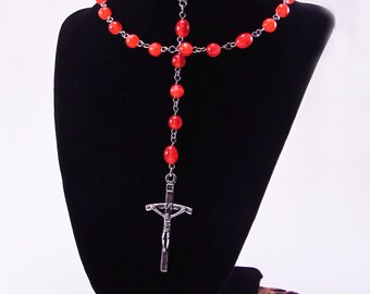 Rosenkranz, Orange Fiber Optic Beads, Acryl, Religiös, Spirituell, Silberfarbenes Metall, Katholik, Gebet, Halskette, kostenloser Versand