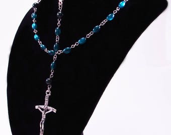 Rosary, Dark Green Fiber Optic Cats Eye Beads, Acrylic, Religious, Spiritual, Silver Tone Metal, Catholic, Prayer, Necklace