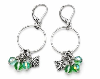 Green Faceted Round Crystal Bead Hoop Earrings with Bee Charms