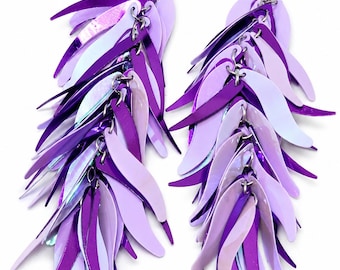 Lilac Swirl Sequins, Long Earrings with Metallic Purple Comets!