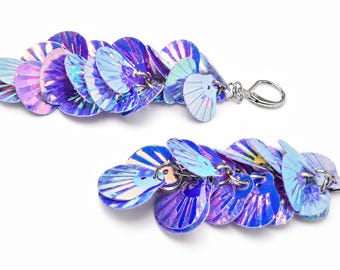 Lilac Sequin Clam Shaped Long Earrings