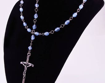 Rosary, Light Blue Fiber Optic Cats Eye Beads, Acrylic, Religious, Spiritual, Silver Tone Metal, Catholic, Prayer, Necklace