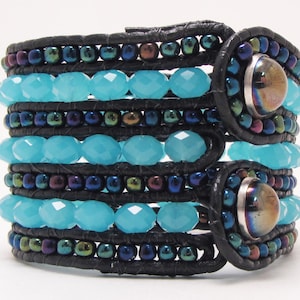 7 Row Cuff, Light Blue Czech Crystal, Peacock Glass,Black Leather, Double Buttons, Rocker