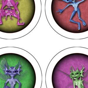 May include: Four circular images, each with a different colored background and a cartoon fairy with wings. The fairies are in various poses and have different colored skin and hair.
