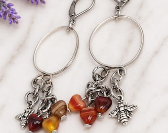Czech Pressed Glass Heart Hoop Earrings with Bee Charms