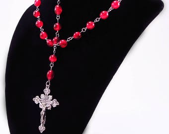Rosary, Red Fiber Optic Cats Eye Beads, Acrylic, Religious, Spiritual, Silver Tone Metal, Catholic, Prayer, Necklace