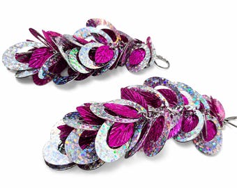 Silver Holographic Oval & Fuchsia Leaf Dangle Earrings