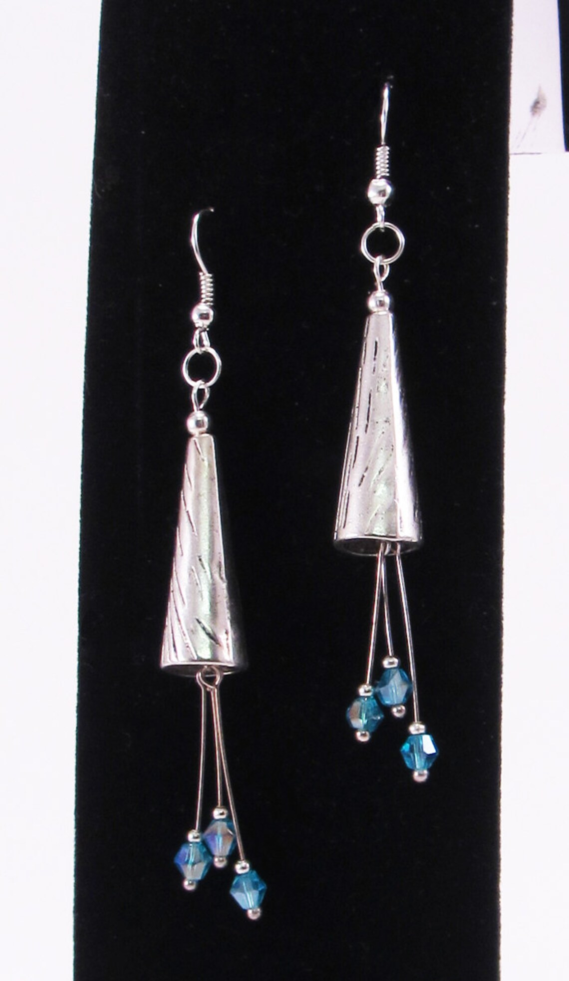 Metal Cone Earrings Blue Czech Crystal Bicones Dangle Etsy