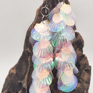 Super Long Sequin Earrings, Stainless Steel, Translucent Shells, Dance Earrings, Lightweight, Shoulder Dusters- Free Shipping