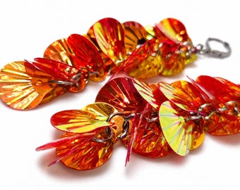 Long Orange AB Sequin Clam Statement Earrings