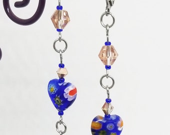 Murano Millefiori Heart Glass Earrings, Clear/Rose Gold Glass Bicones, Cobalt Seed Beads, Stainless Steel Lever Back Ear Hooks