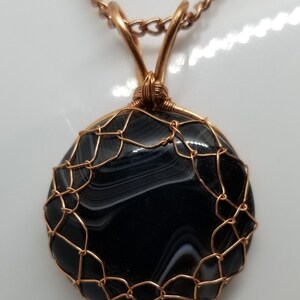 Unique Wire Wrap, Copper, Black Lace Agate Pendant, Round Shape, 18" Chain - Free Shipping to US Location
