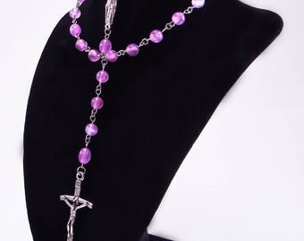 Rosary, Lavender Fiber Optic Cats Eye Beads, Acrylic, Religious, Spiritual, Silver Tone Metal, Catholic, Prayer, Necklace