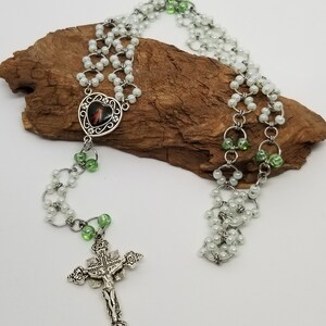 Chain Maille Non-Traditional Catholic Rosary Necklace,  Pearl Green Glass beads and Stainless Steel, Religious, Spiritual, Free Shipping