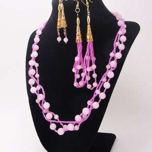 Pink Jade Braid, Jewelry Set, Gold, Seed Beads, Long Earrings, Bracelet, Matching Gift Set image 5