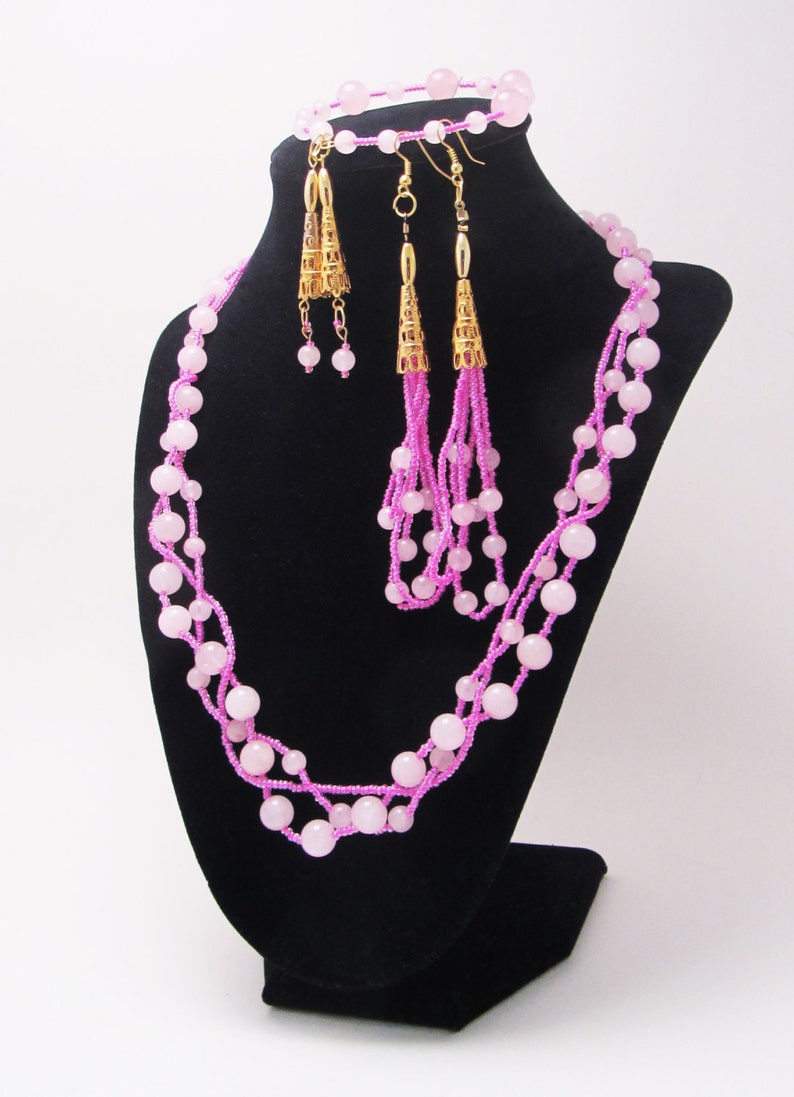 Pink Jade Braid, Jewelry Set, Gold, Seed Beads, Long Earrings, Bracelet, Matching Gift Set image 5