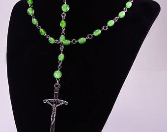 Rosary, Green Fiber Optic Cats Eye Beads, Acrylic, Religious, Spiritual, Silver Tone Metal, Catholic, Prayer, Necklace