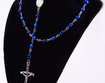 Rosary, Sapphire Blue Fiber Optic Cats Eye Beads, Acrylic, Religious, Spiritual, Silver Tone Metal, Catholic, Prayer, Necklace