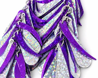 Long Purple Comet & Silver Holographic Drop Earrings