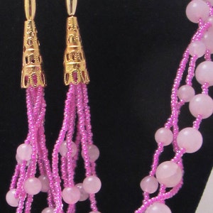 Pink Jade Braid, Jewelry Set, Gold, Seed Beads, Long Earrings, Bracelet, Matching Gift Set image 2