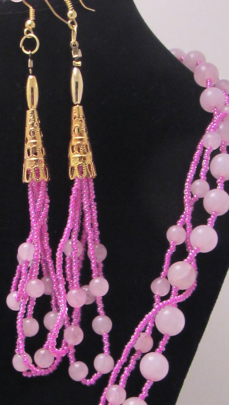 Pink Jade Braid, Jewelry Set, Gold, Seed Beads, Long Earrings, Bracelet, Matching Gift Set image 2