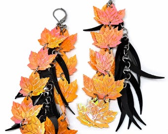 Long Orange Maple Leaves & Black Comets Statement Earrings