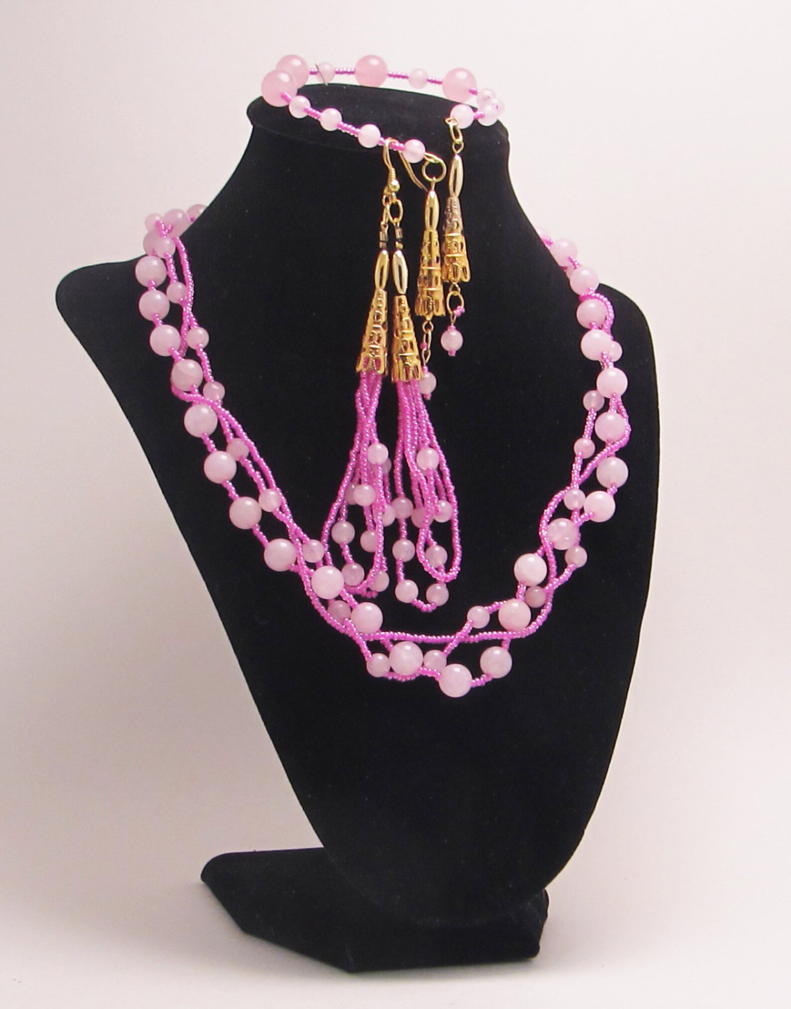 Pink Jade Braid Jewelry Set Gold Seed Beads Long Earrings Etsy
