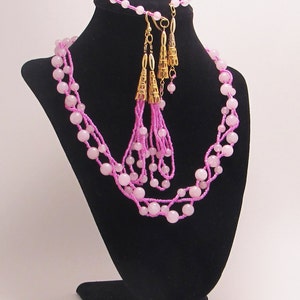 Pink Jade Braid, Jewelry Set, Gold, Seed Beads, Long Earrings, Bracelet, Matching Gift Set image 1